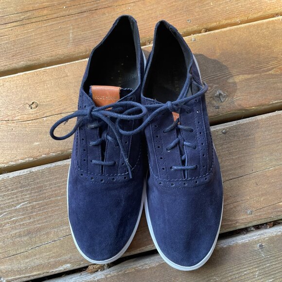 EUC Cole Haan Grand.0's Brogued Navy Blue Suede Lace up Sneakers in Women's 10 - Picture 1 of 10